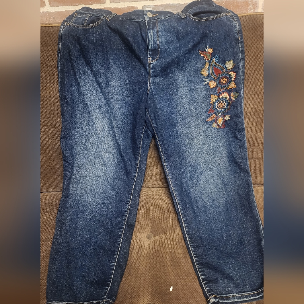 Chico's Blue Flare Jeans With Colorful Embroidery